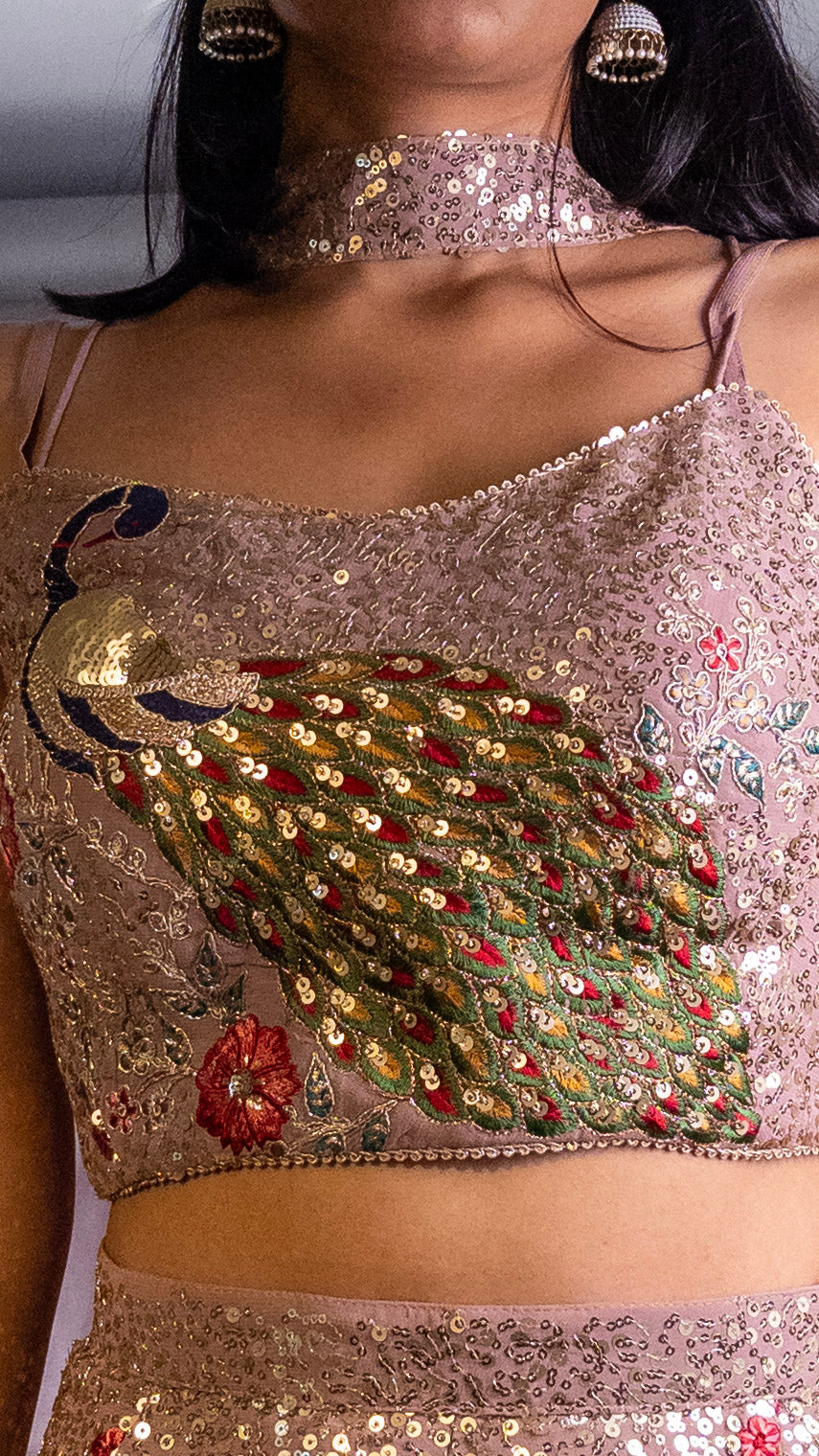 Rose Gold Peacock Embroidered Georgette Sharara Set — dupatta detail