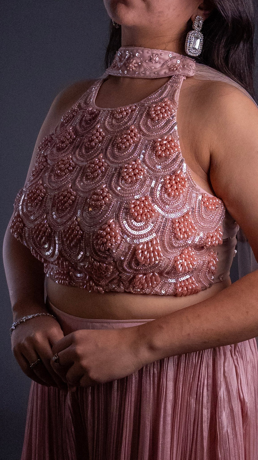 Peach Crepe Skirt Set With Beaded Halter Blouse — dupatta detail