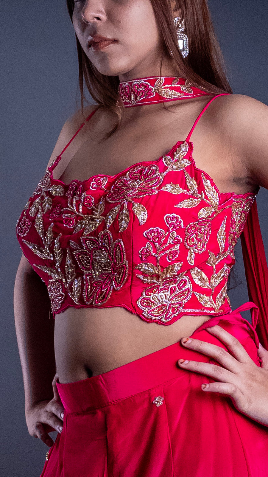 Hot Pink Crepe Palazzo Suit With Zari Pearl Bustier — dupatta detail