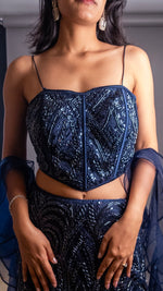 Navy Sequin Corset Lehenga With Organza Drape — view 5