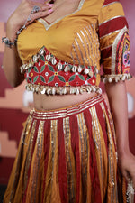 Mustard and Red Cotton Kali Lehenga With Shell Trims — view 5