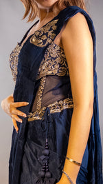 Navy Blue Satin Pre-Draped Saree With Zari Corset — view 5