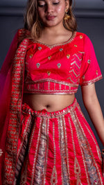 Red and Ivory Silk Brocade Kali Lehenga With Zari Work — view 5