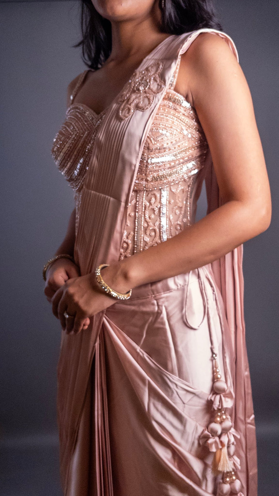 Peach Satin Pre-Draped Saree With Corset Blouse — dupatta detail