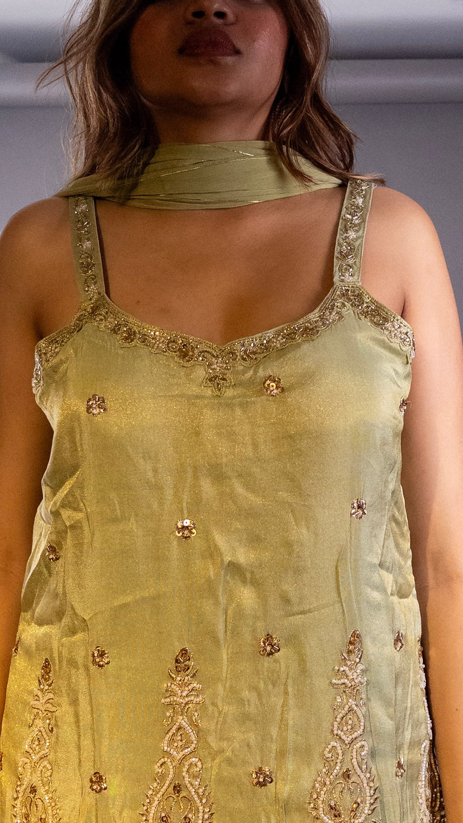 Pista Green Shimmer Tissue Kurta and Palazzo Set — dupatta detail