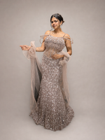 Rose Gold Sequin Mermaid Gown With Tulle Drape — view 6