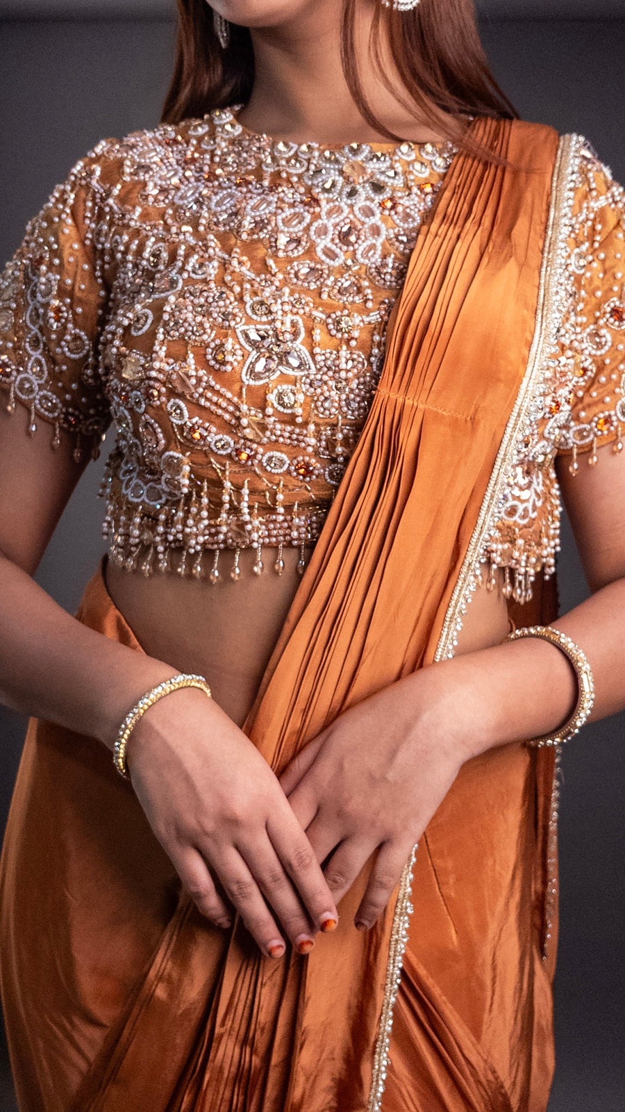 Rust Orange Chinon Pre-Draped Saree With Beaded Blouse — styling detail