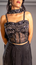 Black Beaded Corset Blouse With Crepe Draped Skirt — view 6