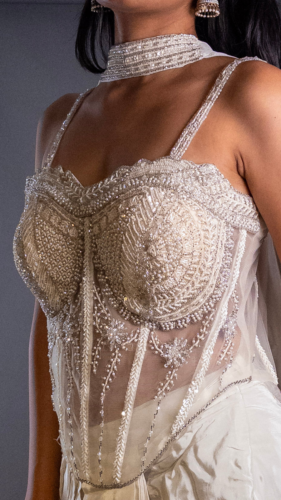 White Net Pearl-Beaded Corset and Draped Dhoti Set — styling detail
