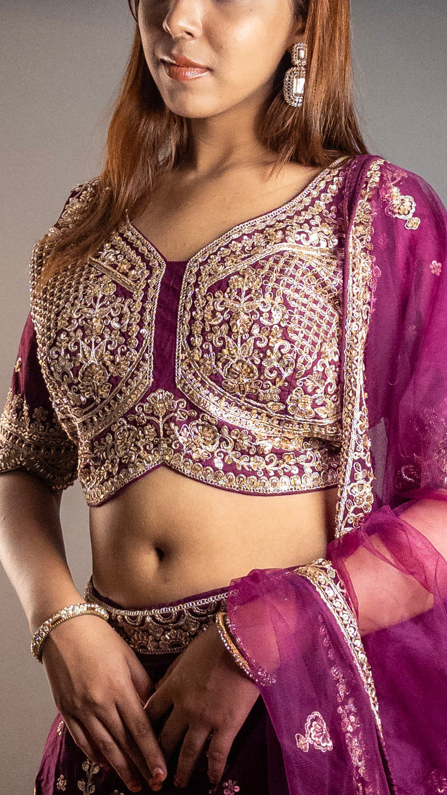 Wine Raw Silk Flared Lehenga With Cutdana Work — styling detail