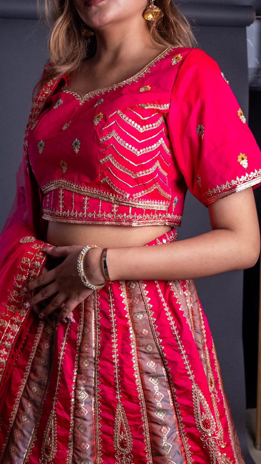 Red and Ivory Silk Brocade Kali Lehenga With Zari Work — styling detail