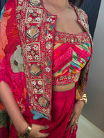 Hot Pink Georgette Draped Skirt Set With Zardozi Jacket — view 6