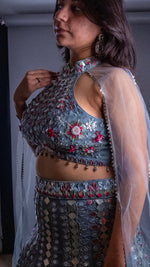Ice Blue Net Halter Lehenga With Mirror and Zari Work — view 6