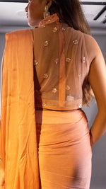Coral Peach Pre-Draped Saree With Sequin Net Blouse — view 6