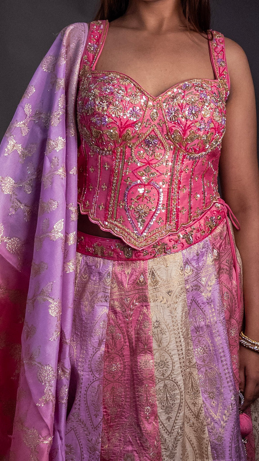 Ombré Brocade Kali Lehenga in Pink and Lilac — styling detail