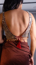 Rust Maroon Vichitra Silk Pre-Draped Saree, Mirror Blouse — view 6