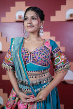 Teal Blue Cotton Kali Lehenga With Mirror Work — view 6