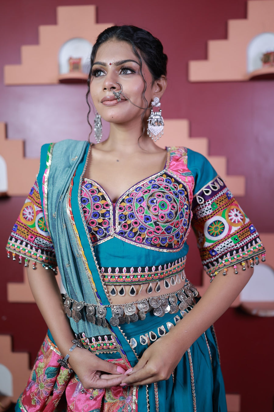 Teal Blue Cotton Kali Lehenga With Mirror Work — styling detail