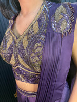 Purple Satin Pre-Draped Saree With Embellished Blouse — view 6
