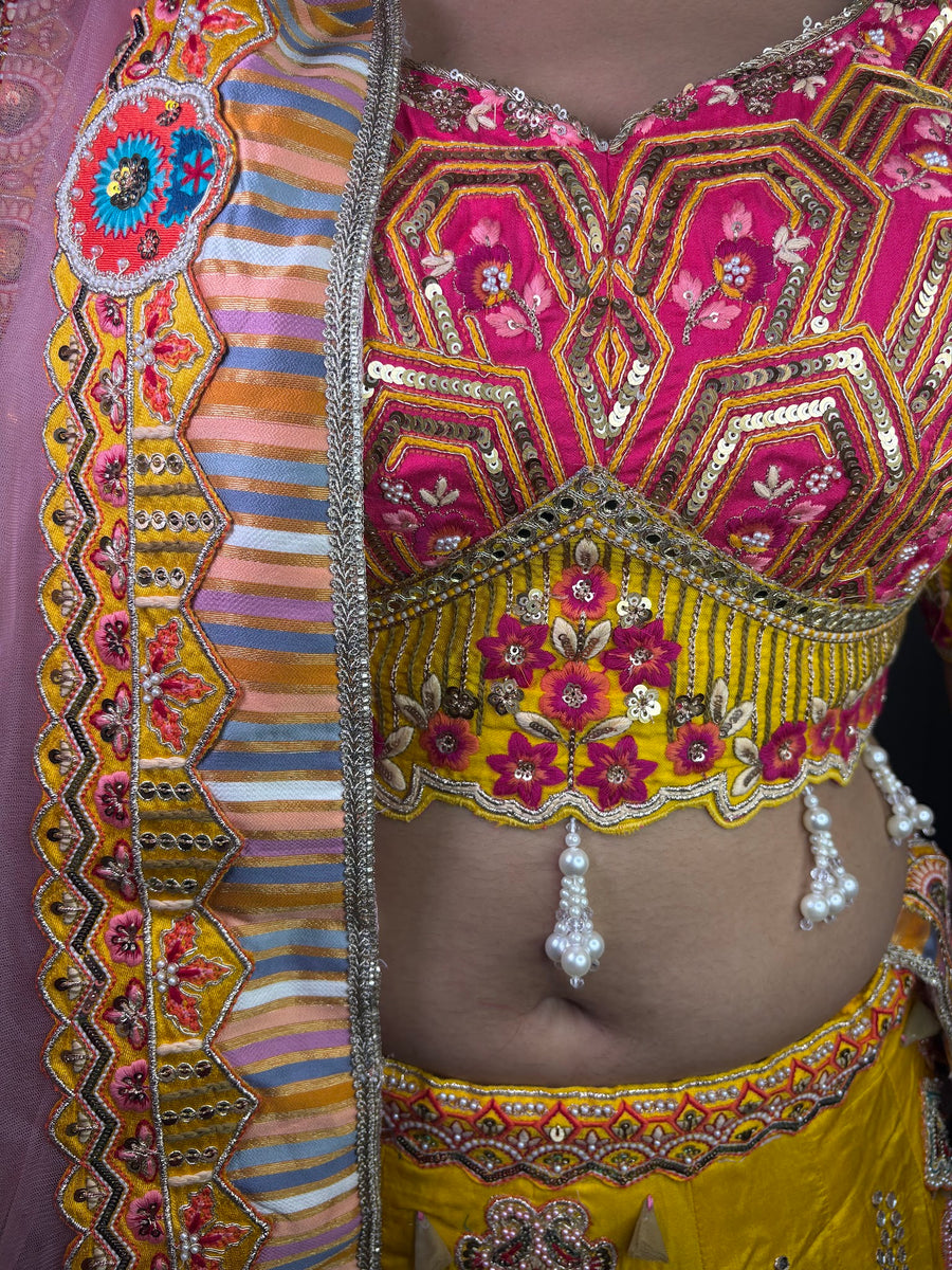 Yellow Silk Flared Kali Lehenga With Mirror Work — styling detail
