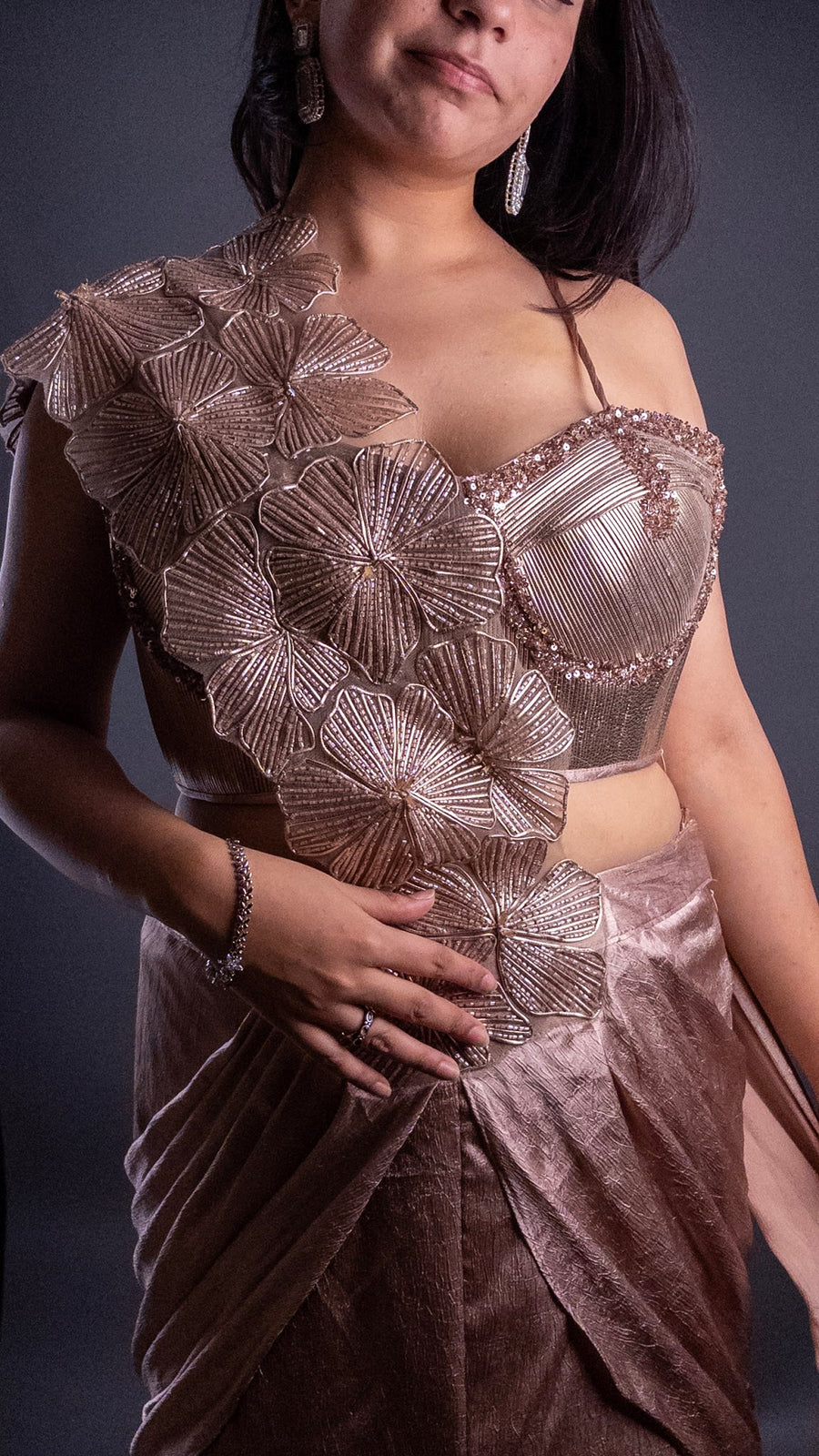 Rose Gold Shimmer Crepe Pre-Draped Mermaid Saree Gown — styling detail