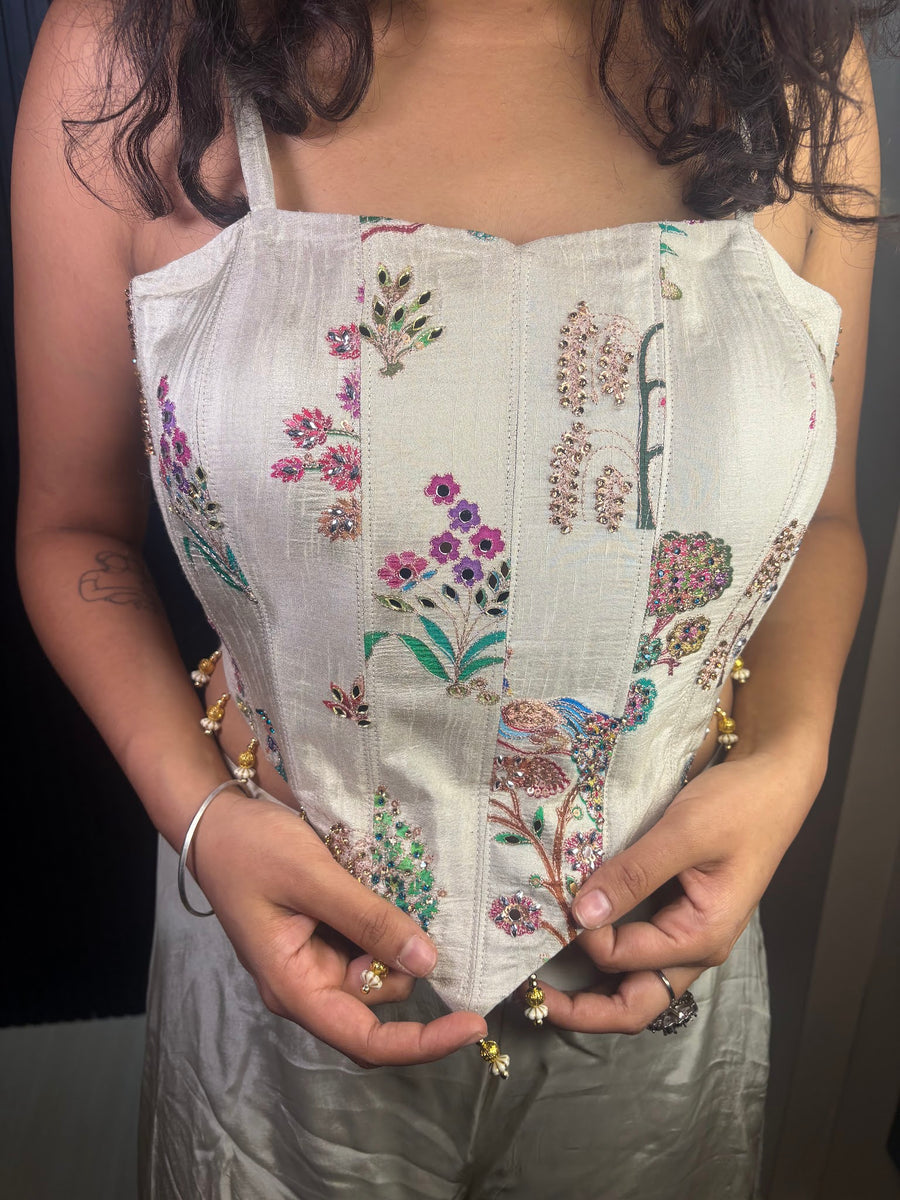 Ivory Crepe Floral Embroidered Corset Sharara Set — styling detail