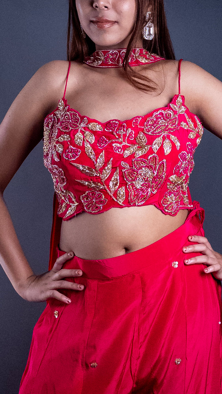 Hot Pink Crepe Palazzo Suit With Zari Pearl Bustier — styling detail