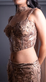 Copper Sequin Soft Net Mermaid Lehenga With Choker Cape — view 6