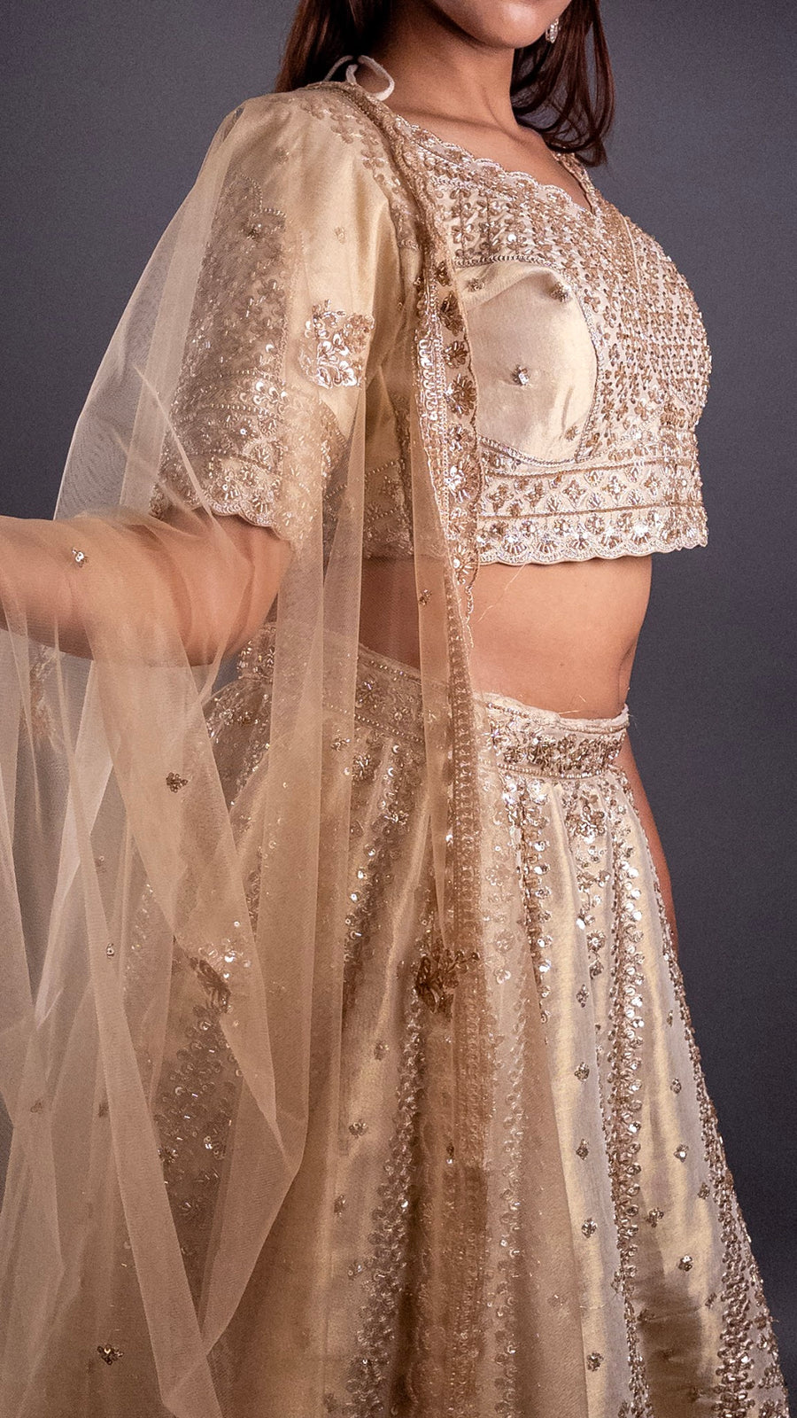Golden Net Lehenga With Stone and Cutdana Work — styling detail