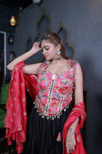 Black Cotton Kali Lehenga With Pink Mirror-Work Blouse — view 6