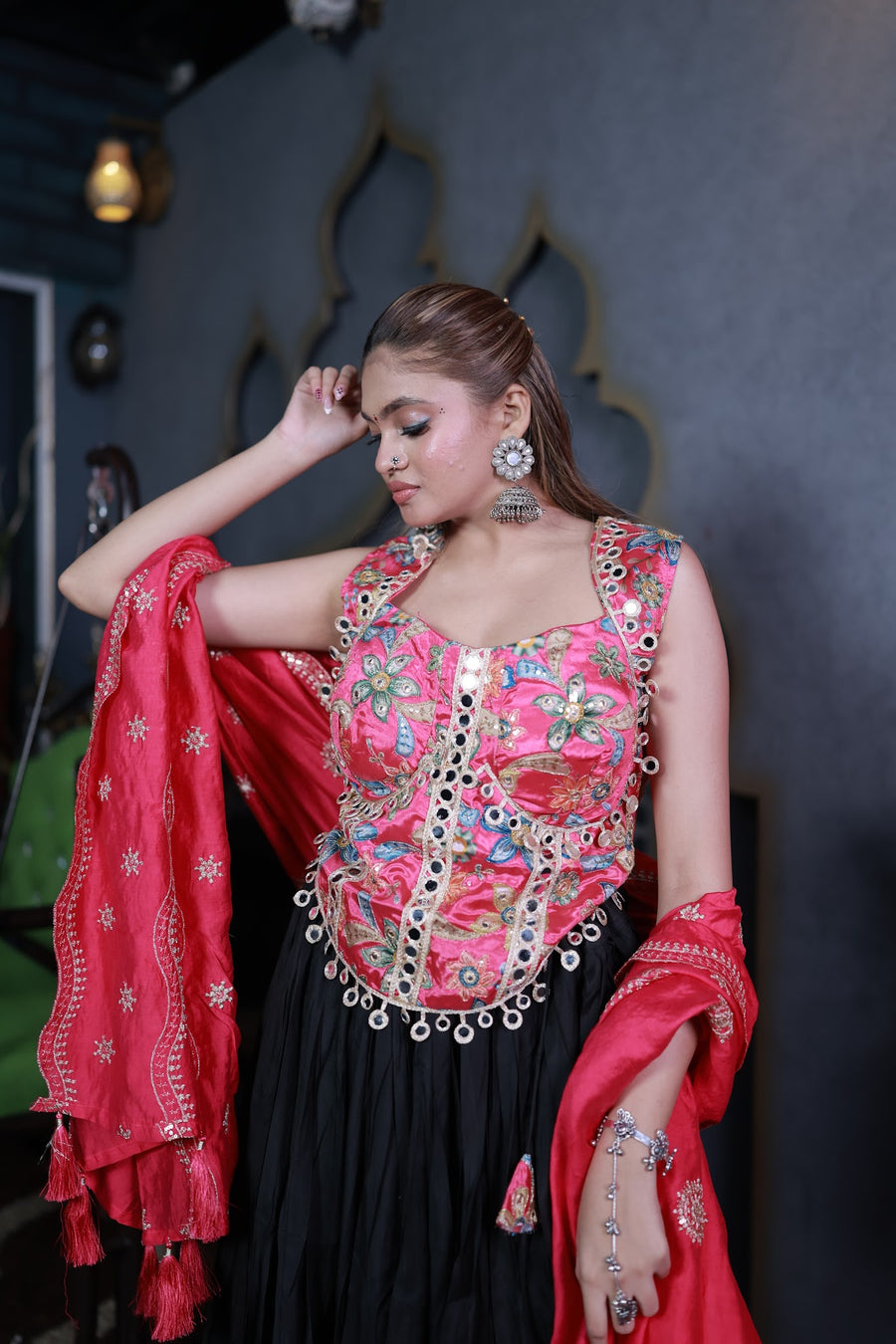 Black Cotton Kali Lehenga With Pink Mirror-Work Blouse — styling detail