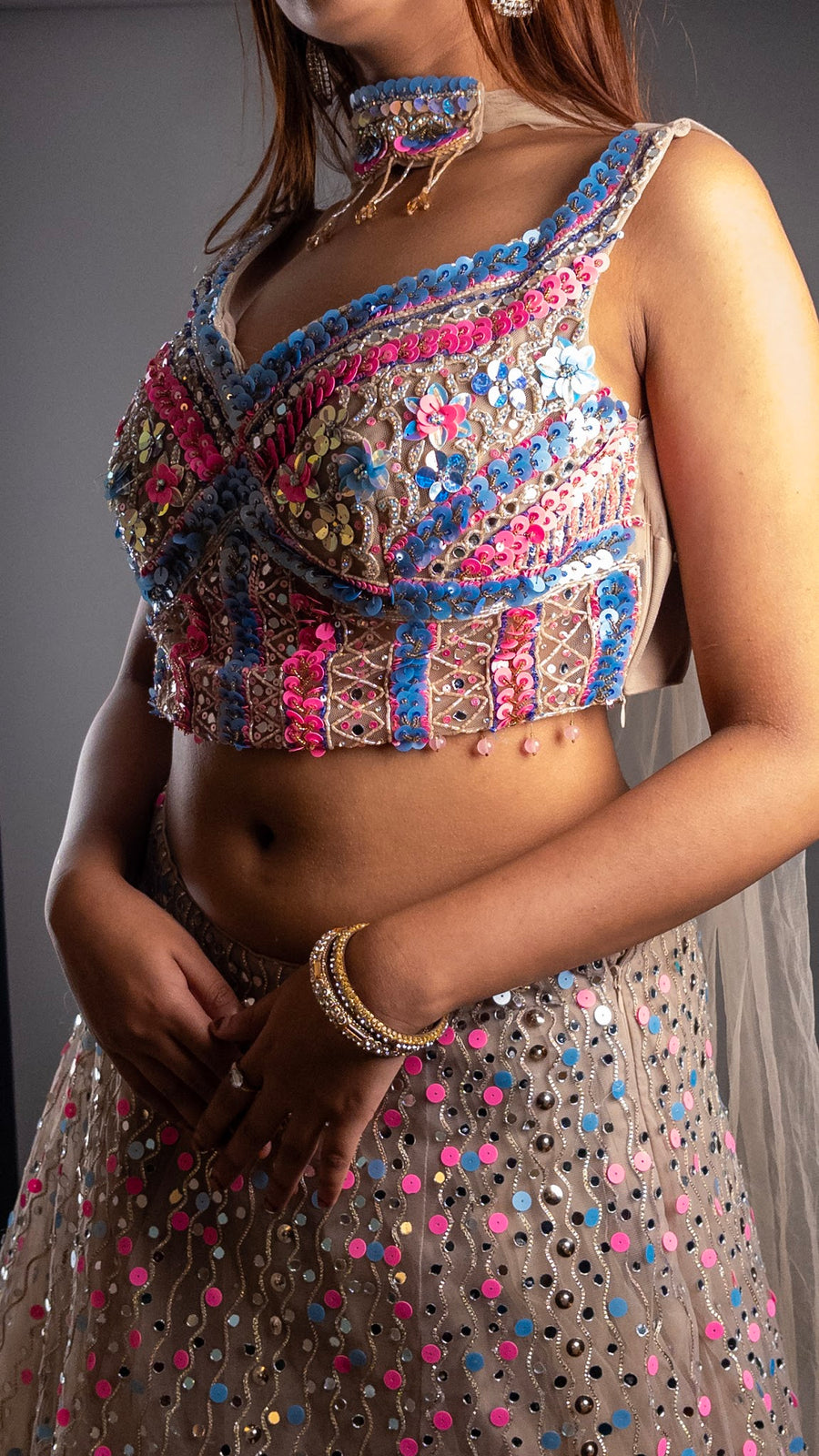 Beige Net Lehenga With Pink Sequin and Mirror Work — styling detail