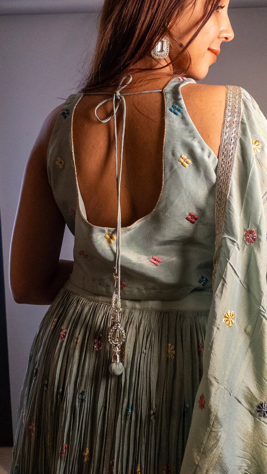 Sage Grey Crinkled Georgette Kali Lehenga Set — styling detail