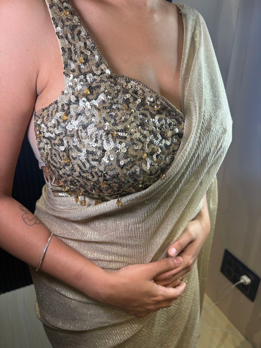 Gold Shimmer Tissue Pre-Draped Saree With Sequin Blouse — styling detail