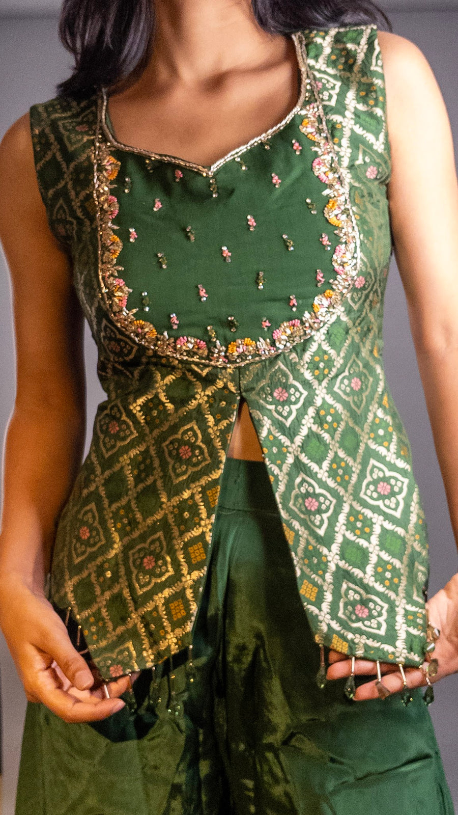 Forest Green Bandhani Kurti and Palazzo Set — styling detail