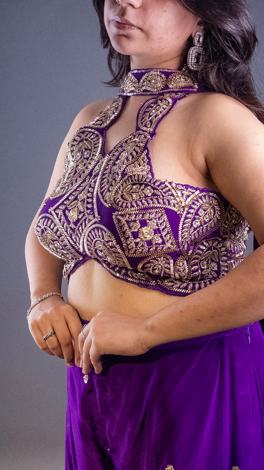 Purple Velvet Halter Blouse With Palazzo Set — styling detail