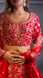 Red Raw Silk Kali Lehenga With Cutdana and Pearls — view 6