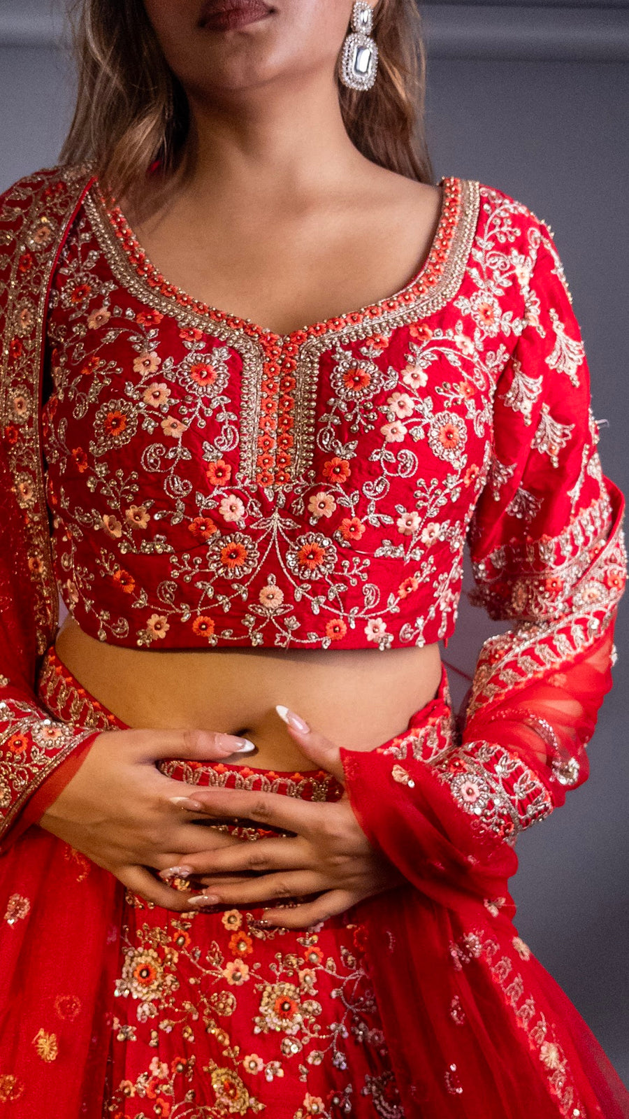 Red Raw Silk Kali Lehenga With Cutdana and Pearls — styling detail