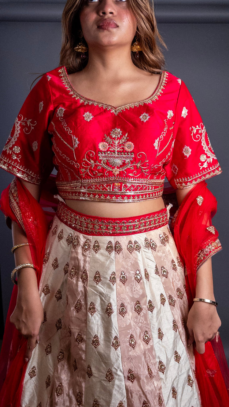 Ivory Shimmer Silk Kali Lehenga With Red Zari Blouse — styling detail