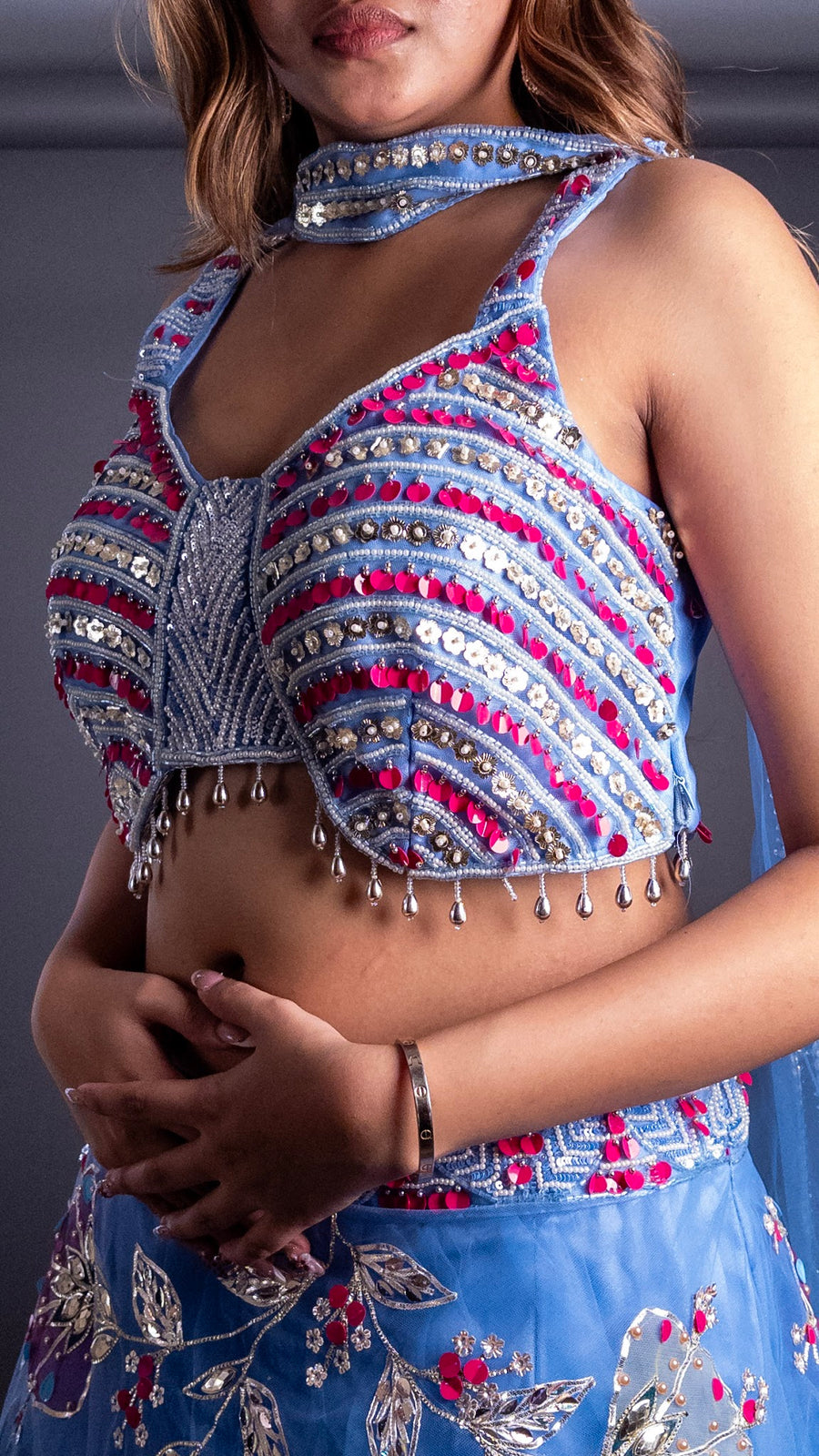Periwinkle Blue Net Lehenga With Floral Zari Work — styling detail
