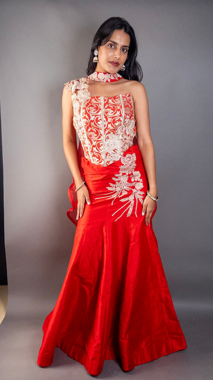 Red Raw Silk Flared Lehenga With One-Shoulder Blouse — styling detail
