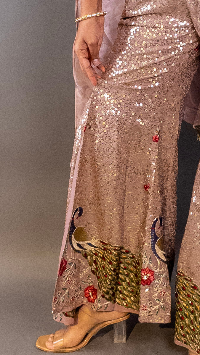 Rose Gold Peacock Embroidered Georgette Sharara Set — styling detail