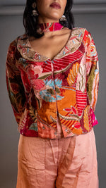 Peach Satin Palazzo Set With Embroidered Choker Jacket — view 6