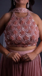 Peach Crepe Skirt Set With Beaded Halter Blouse — view 6