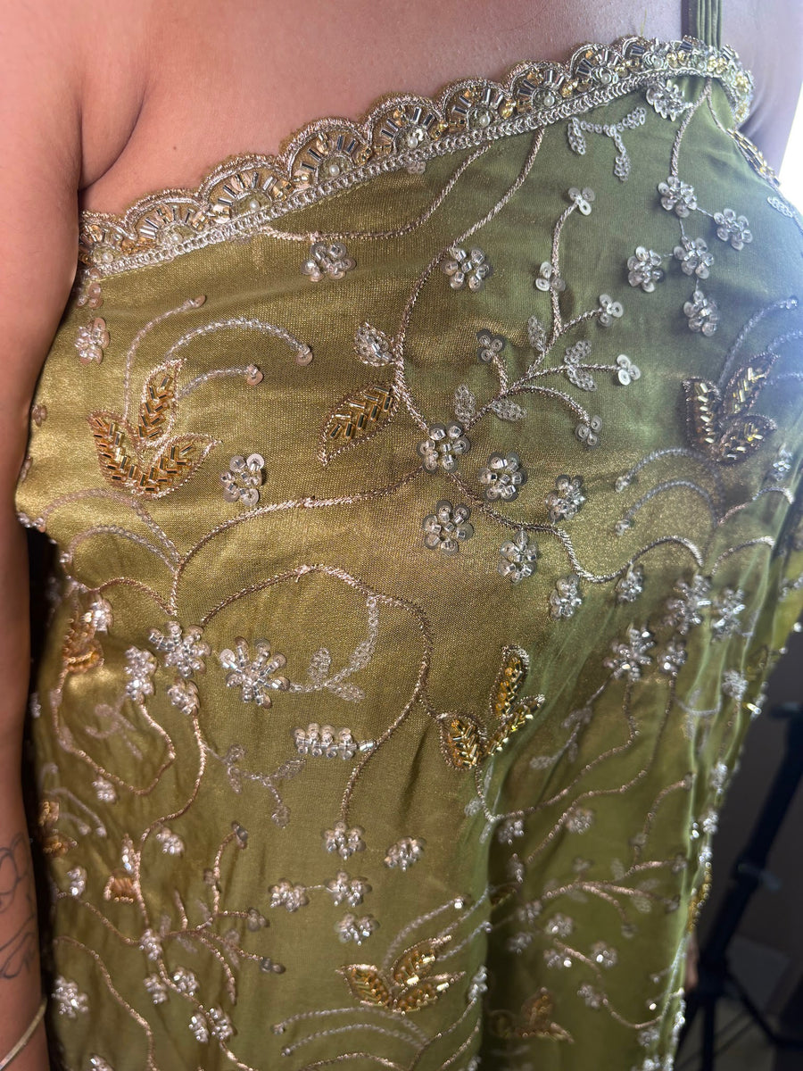 Parrot Green One-Shoulder Cape and Palazzo Set — styling detail