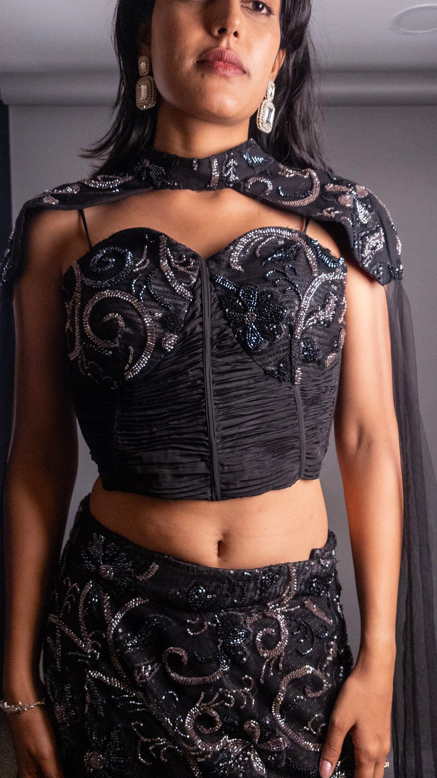 Black Net Mermaid Lehenga With Cape — styling detail