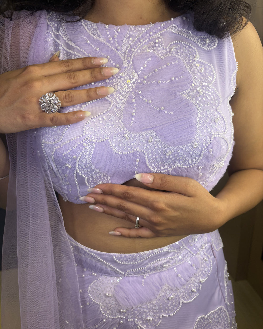 Lavender Pearl Bead Net Lehenga Set