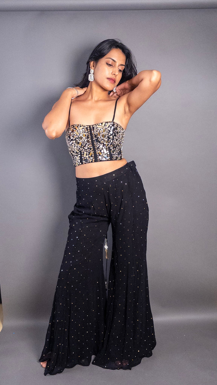 Black georgette bustier with mirror cutwork and a sharara