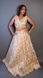 Gold Organza Tissue Flared Lehenga With Bead Work — view 1