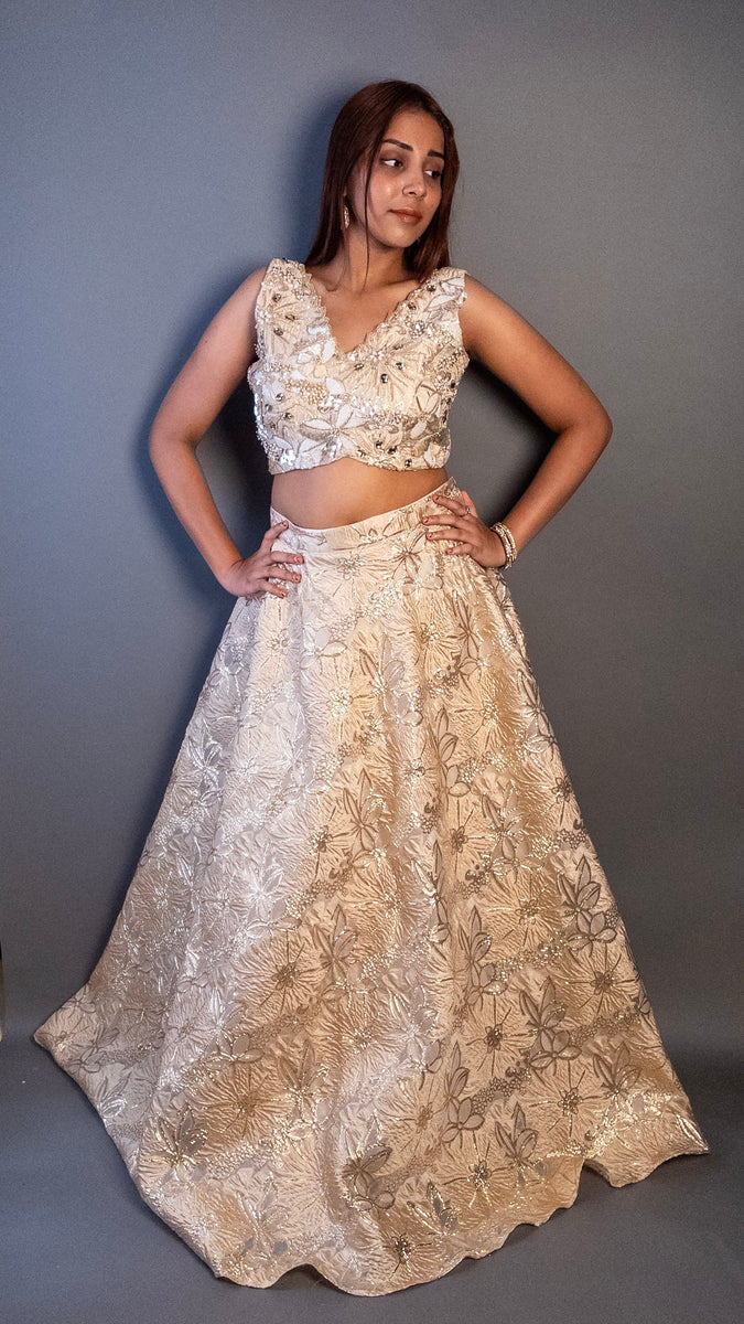 Gold Organza Tissue Flared Lehenga With Bead Work